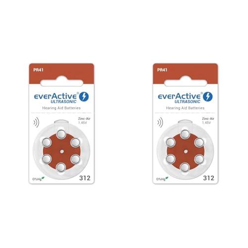 everActive 6 Stück, Hörgerätebatterien, hohe Leistung, Zink-Luft-Batterien, 1 Blisterkarte, 4-jährige Haltbarkeit, braun, Ultrasonic PR41, EVHAB312 (Packung mit 2) von everActive