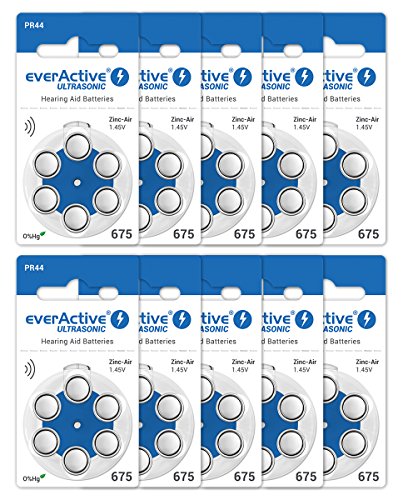 everActive 675, 60 Stück, Hörgerätebatterien, hohe Leistung, Zink-Luft-Batterien, 10 Blisterkarten, 4-jährige Haltbarkeit, blau, Ultrasonic PR44 von everActive