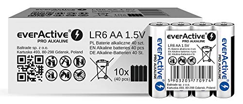 everActive AA Batterien 40er Pack, Pro Alkaline, Mignon LR6 R6 1.5V, höchster Leistung, 10 Jahre Haltbarkeit, 40 Stück von everActive