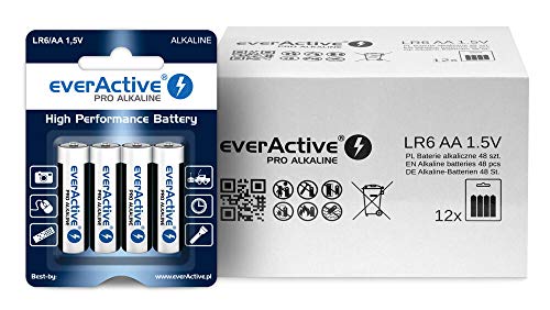 everActive AA Batterien 48er Pack, Pro Alkaline, Mignon LR06 R06 1.5V, höchster Leistung, 10 Jahre Haltbarkeit, 48 Stück – im Blister verpackt von everActive