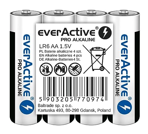 everActive AA Batterien 4er Pack, Pro Alkaline, Mignon LR6 R6 1.5V, höchster Leistung, 10 Jahre Haltbarkeit, 4 Stück von everActive