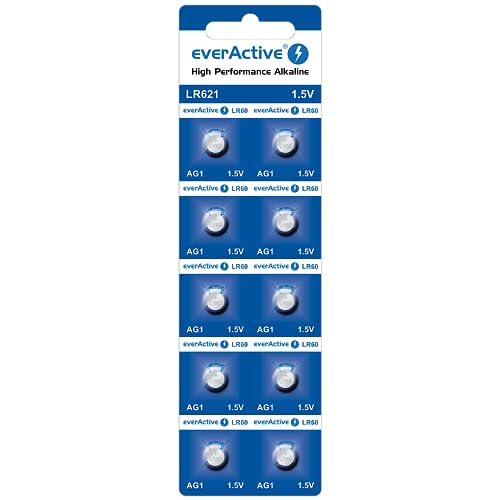 everActive AG1 / G1 / LR621/ LR60 Knopfzellenbatterien 1,5 V, Alkaline Mini Batterie, Lange Haltbarkeit, 10 Stück - Blisterkarte von everActive