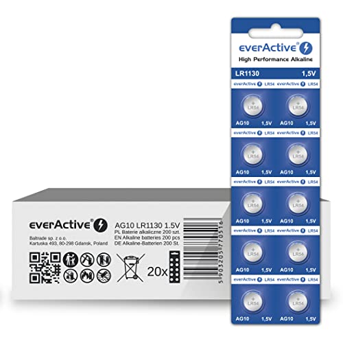 everActive AG10 1.5V, 200 Stück Batterien, Alkaline, Mini, G10 LR1130 LR54, 5 Jahre Haltbarkeit, 200 Stück – 20 Blisterkarten everActive AG10 1.5V, 200 Stück Batterien, Alkaline, Mini, G10 LR1130 LR54, 5 Jahre Haltbarkeit, 200 Stück – 20 Blisterkarten von everActive