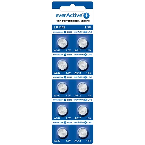everActive AG12 / G12 / LR43/ LR1142 Knopfzellenbatterien 1,5 V, Alkaline Mini Batterie, Lange Haltbarkeit, 10 Stück - Blisterkarte von everActive