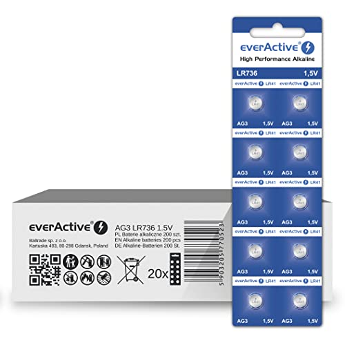 everActive AG3 1.5V, 200 Stück Batterien, Alkaline, Mini, G3 LR736 LR41, 5 Jahre Haltbarkeit, 200 Stück – 20 Blisterkarten everActive AG3 1.5V, 200 Stück Batterien, Alkaline, Mini, G3 LR736 LR41, 5 Jahre Haltbarkeit, 200 Stück – 20 Blisterkarten von everActive