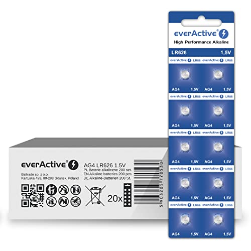 everActive AG4 1.5V, 200 Stück Batterien, Alkaline, Mini, G4 LR626 LR66, 5 Jahre Haltbarkeit, 200 Stück – 20 Blisterkarten von everActive