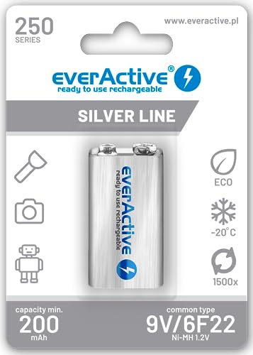 everActive Akku 9V 250 mAh, Ni-MH, Block, wiederaufladbar, vorgeladen, Silver Line, 6F22 HR22 8.4V, 1 Stück - 1 Blisterkarte, EVHRL22-250, silber von everActive