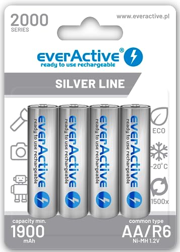 everActive Akku AA 2000 mAh 4 Stück, NI-MH, Mignon R6, wiederaufladbar, vorgeladen, Silver Line 1.2V, 1 Blisterkarte, Silber, EHRL6-2000 von everActive