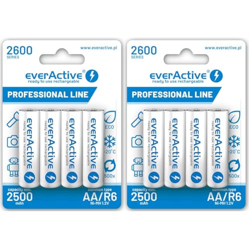 everActive Akku AA 2600 mAh 4 Stück, NI-MH, Mignon R6, wiederaufladbar, vorgeladen, höchster Leistung, Professional Line 1.2V, 1 Blisterkarte, Weiss (Packung mit 2) von everActive