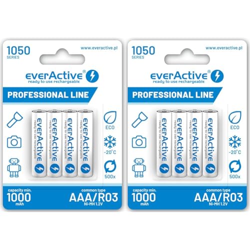 everActive Akku AAA 1050 mAh 4 Stück, NI-MH, Micro R03, wiederaufladbar, vorgeladen, höchster Leistung, Professional Line 1.2V, 1 Blisterkarte, Weiss, EVHRL03-1050 (Packung mit 2) von everActive