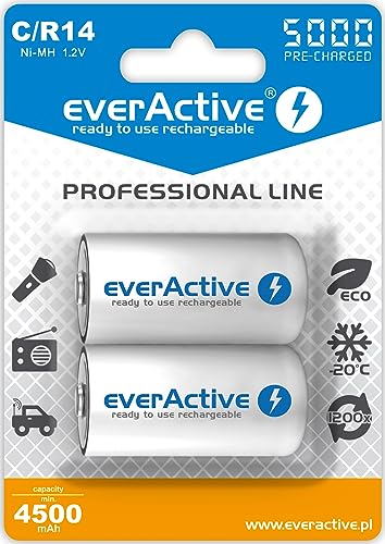 everActive Akku C 5000 mAh 2 Stück, Ni-MH, Baby R14, wiederaufladbar, vorgeladen, höchster Leistung, Professional Line 1.2V, 1 Blisterkarte von everActive