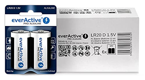 everActive D Batterien 12er Pack, Pro Alkaline, Mono LR20 R20 1.5V, höchster Leistung, 10 Jahre Haltbarkeit, 12 Stück – 6 Blisterkarten von everActive