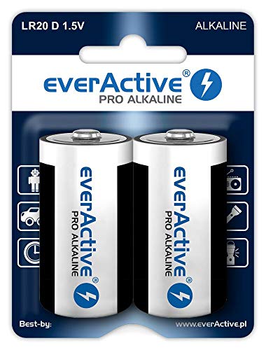 everActive D Batterien 2er Pack, Pro Alkaline, Mono LR20 R20 1.5V, höchster Leistung, 10 Jahre Haltbarkeit, 2 Stück – 1 Blisterkarte von everActive