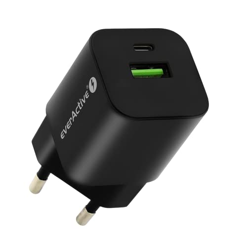 everActive GaN Netzladegerät mit USB QC3.0 und USB-C PD PPS Anschluß, schnelles Laden, Gesamtleistung 30W, solides, einteiliges Gehäuse, Modell SC-390QB von everActive