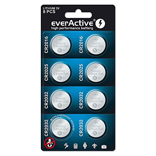 everActive Mix 2X CR2016, 2X CR2025, 4X CR2032 3V Lithium Knopfzelle Batterien, leistungsstärkste Batterie, 10 Jahre Haltbarkeit, 8 Stück -1 Blisterkarte von everActive