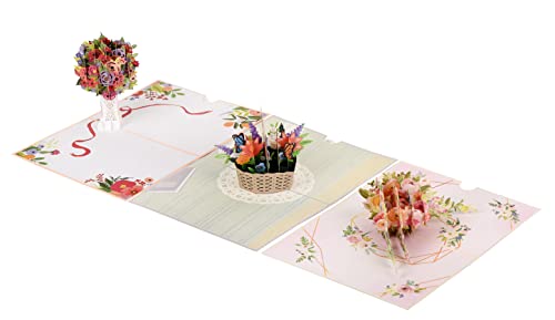 ewtshop® Grußkarten, Blumenfreuden, 3er Set Pop-Up Karte Blumen mit Bunter Blumenkorb 3D Blumenkarte Pop up Karte von ewtshop