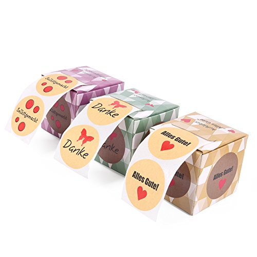 ewtshop® Jumbo Kraftpapier-Stickerset in praktischen Spenderboxen: 3 x 100 Stück"Danke","Alles Gute","selbstgemacht", Durchmesser je ca 4 cm von ewtshop