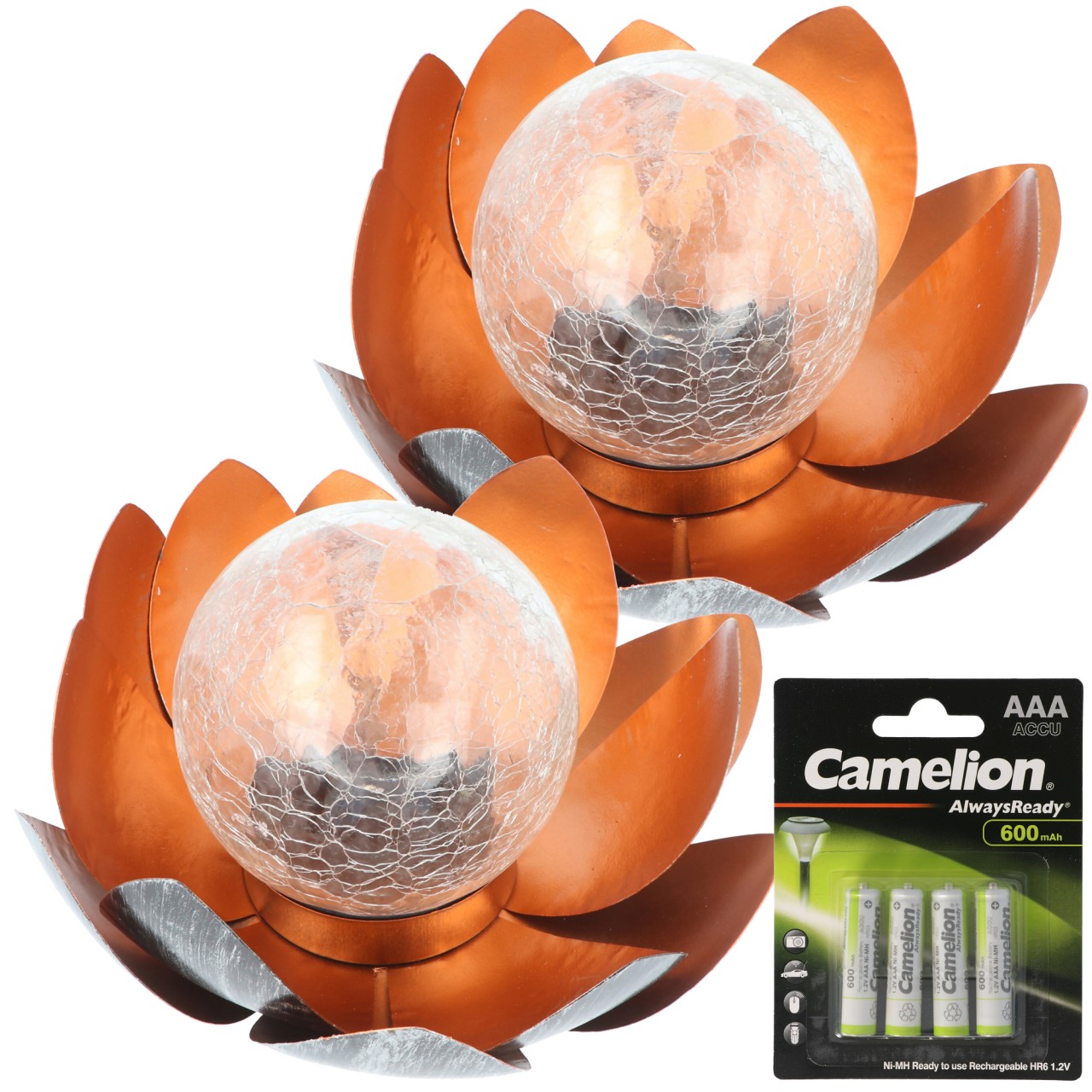 2x Dekorative Solar Lotusblüte aus Metall mit Glaskugel - angenehm warmweißes Licht - traumhafte Lichteffekte - Bruchglasoptik mit 4x Ersatzakku 2x Dekorative Solar Lotusblüte aus Metall mit Glaskugel - angenehm warmweißes Licht - traumhafte Lichteffekte - Bruchglasoptik mit 4x Ersatzakku von ez solar