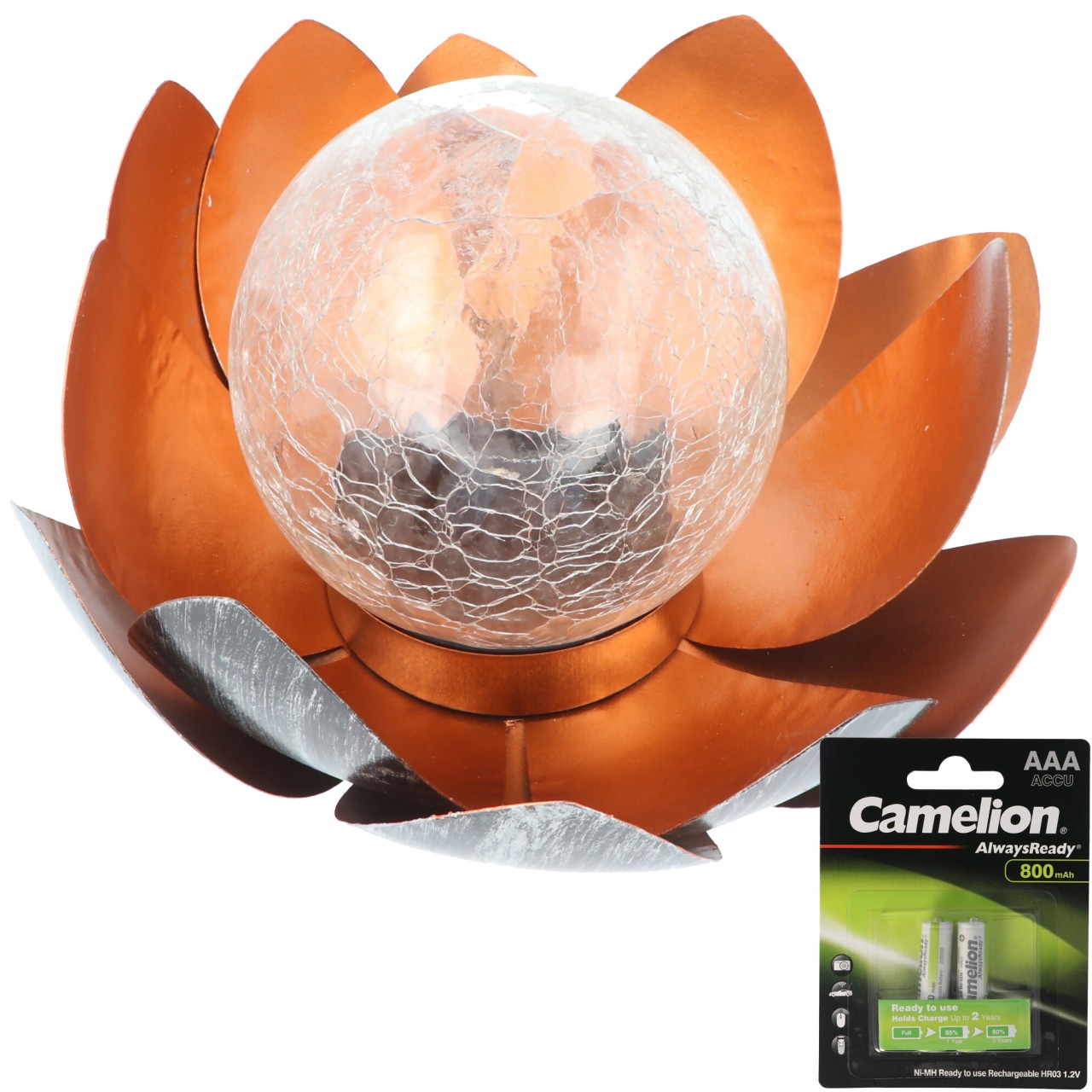 Dekorative Solar Lotusblüte aus Metall mit Glaskugel - angenehm warmweißes Licht - traumhafte Lichteffekte - Bruchglasoptik mit 2x Ersatzakku Dekorative Solar Lotusblüte aus Metall mit Glaskugel - angenehm warmweißes Licht - traumhafte Lichteffekte - Bruchglasoptik mit 2x Ersatzakku von ez solar