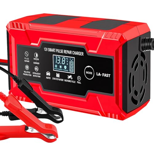 facaio 6A Autobatterie Ladegerät, 12V Smart vollautomatische KFZ Batterieladegerät mit Temperaturkompensation mit LCD-Bildschirm für Auto LKW Motorrad Rasenmäher Boot Marine Batterien, Rot von facaio