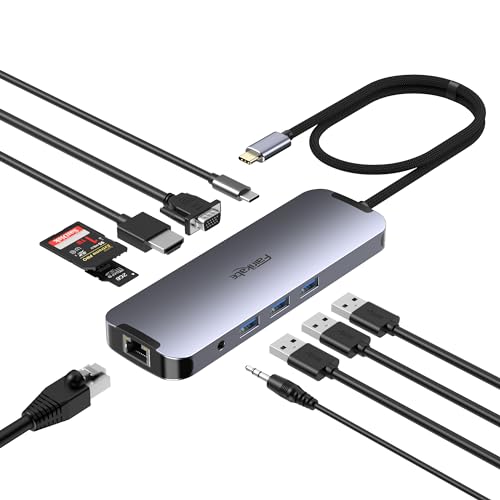 USB-C-Dockingstation für Zwei Monitore, 10 in 1, USB-C-Hub Docking Station auf HDMI-VGA-Adapter mit 1 Gbit/s Ethernet, 100 W Aufladung, USB-C-Hub auf USB, 3,5-Audio, Kartenleser von fairikabe