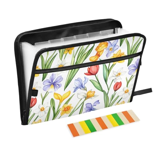 Hängeregistraturmappe mit Frühlingsblumen, Iris, Narzissen, weiß, A4-Größe, Taschen-Ordner, Organizer mit Taschen, Papier-Erweiterungsmappe, kleiner Aktenordner für Ingenieurarbeiten von famyily