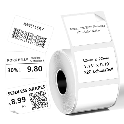 Mehrzweck-Thermo-Etiketten, kompatibel mit Phomoemo M110/M221/M220/M120/M200, 30 x 20 mm, 320 Etiketten/Rolle, 1 Rolle von fannster