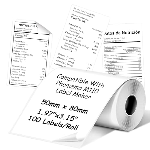Mehrzweck-Thermo-Etiketten, kompatibel mit Phomoemo M110/M221/M220/M120/M200, 50 x 80 mm, 100 Etiketten/Rolle, Schwarz auf Weiß, 1 Rolle von fannster