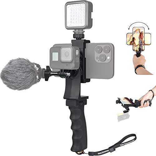 2in1 Ergonomische Tragbare Action Cam+Handy Smartphone SYN Handgriff Stabilisator Kombination Halterung Video Vlogging Rig Einbeinstativ Kit für Gopro iPhone Reisen YouTube Tiktok-Mikrofon+Videolicht von fantaseal