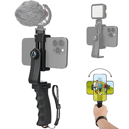 Ergonomischer Anti-Fall Handy Handgriff Stabilisator Smartphone Halterung Rig Video Kit Tragbarer Selfie Stick Stativ für iPhone Samsung (Querformat + Hochformat) Erweiterbare Mikrofon/Videolicht von fantaseal
