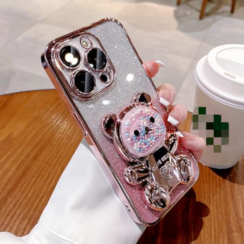 fdsmall Für iPhone 15 Pro Max Fall Luxus Glitter Fall mit niedlichem Bär Stand [Military Drop Protection] [Full Camera Lens Protecton] für Frauen Stoßfeste Anti-Kratzer Fall 6.7''(Rosa) von fdsmall