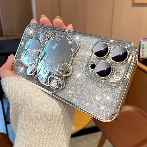fdsmall Für iPhone 15 Pro Max Fall Luxus Glitter Fall mit niedlichem Katze Stand with Spiegel [Military Drop Protection] [Full Camera Lens Protecton] für Frauen Stoßfeste Anti-Kratzer Fall (Silver) von fdsmall