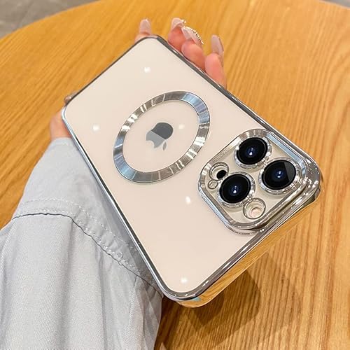 fdsmall Magnetisch für iPhone 15 Pro Max Case mit MagSafe, Magnetisch Matallisch Glänzend Klar für iPhone 15 Pro Max mit vollem Kamera Schutz, Schlank Dünn Shockproof Phone Case - 6.7" (Silver) von fdsmall