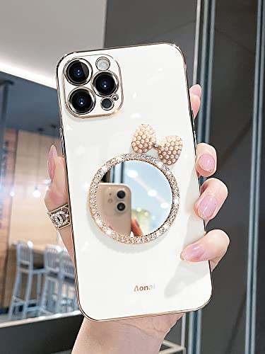 fdsmall Mirror Case für iPhone 15 Pro Max, Mirror with Bow Case für Frauen, Rhinestone Shiny Bling Case, TPU Camera Full Protective Phone Cover Stossfeste Soft Case Hülle -6.7" (White) von fdsmall