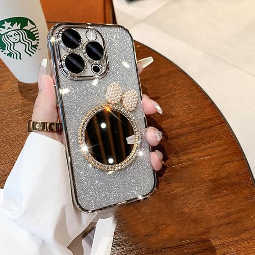fdsmall Mirror Case kompatibel mit iPhone 15 Pro Max, Bow Case, Luxus Strass Shiny Bling Case, TPU Kamera Full Protective Phone Cover Shockproof Soft Case Cover für iPhone 15 Pro Max (Silver) von fdsmall