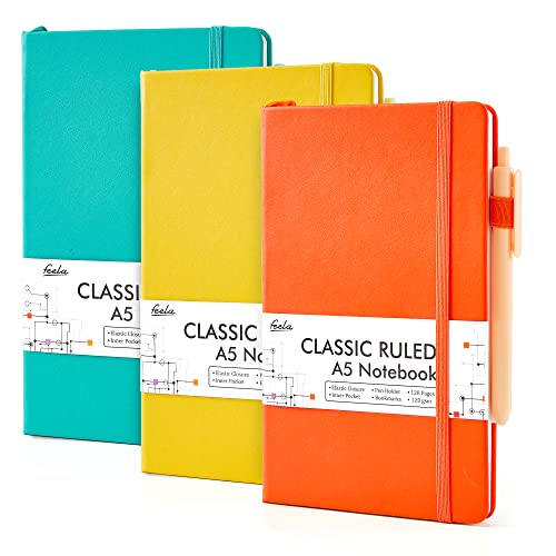feela Hardcover-Notizbuch für die Arbeit, klassisches liniertes Tagebuch-Set, Schulbedarf, mit 3 schwarzen Stiften, 120 g/m², 13 x 21,1 cm, 3er-Pack, A5, einfarbige Farben, gelb, orange, smaragd von feela
