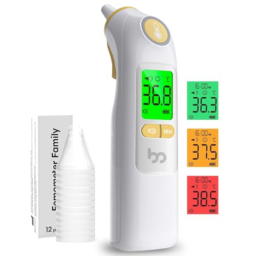 Ohrthermometer, Fieberthermometer Ohr für Baby Erwachsene, digitales Infrarot-Thermometer mit 24 Einweg-Schutzkappen, hygienisch und genau, gelb von femometer family