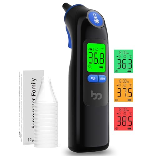 Ohrthermometer, Ohr Fieberthermometer für Baby Erwachsene, digitales infrarot-Thermometer mit 24 Einweg-Schutzkappen(LCD- blau) von femometer family