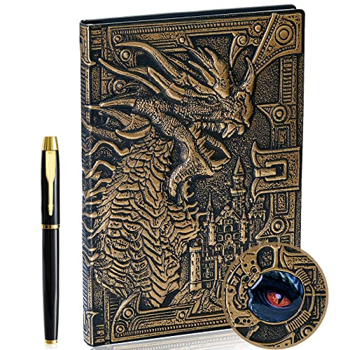 3D Drachen Vintage Tagebuch+Stift Set,A5 Notizbuch Liniert,Personal Organizer DND Journal Notebook Planner,GeburtstagGeschenk für Männer Frauen Erwachsene Kinder(Bronze) von fengco