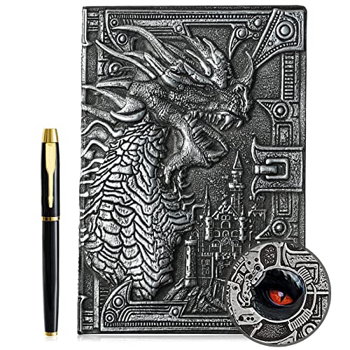 3D Drachen Vintage Tagebuch+Stift Set,A5 Notizbuch Liniert,Personal Organizer DND Journal Notebook Planner,GeburtstagGeschenk für Männer Frauen Erwachsene Kinder (Silver) von fengco