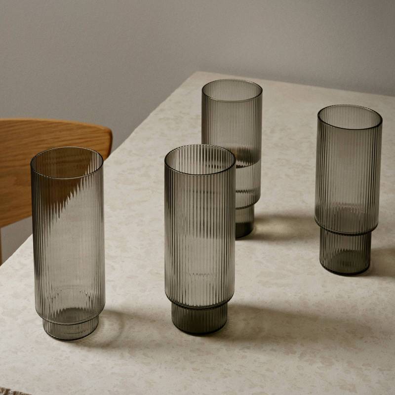 ferm LIVING Longdrinkglas Ripple, grau, 300 ml, Glas, 4er von ferm LIVING