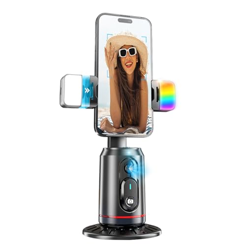 Automatisches Gesichts-Tracking-Stativ mit 2 Fülllichtern, 360°-Rotation, Auto-Tracking-Handyhalterung, keine App, wiederaufladbare Handy-Kamera-Halterung mit Fernbedienung und Gestensteuerung für von fesoklaf
