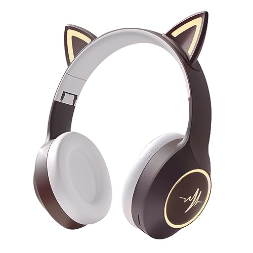 Bluetooth Kopfhörer Kinder, Kopfhörer Katzenohren mit RGB Leuchten, Bluetooth 5.3, Kabellos/Verkabelt Kopfhörer mit Mikrofon, 10H Spielzeit, Kinderkopfhörer Over-Ear mit 3,5 mm Audiokabel (Braun) von fesoklaf