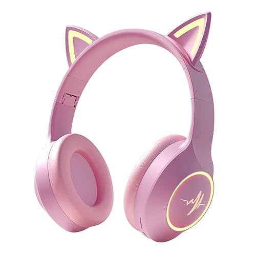 Bluetooth Kopfhörer Kinder, Kopfhörer Katzenohren mit RGB Leuchten, Bluetooth 5.3, Kabellos/Verkabelt Kopfhörer mit Mikrofon, 10H Spielzeit, Kinderkopfhörer Over-Ear mit 3,5 mm Audiokabel (Rosa) von fesoklaf