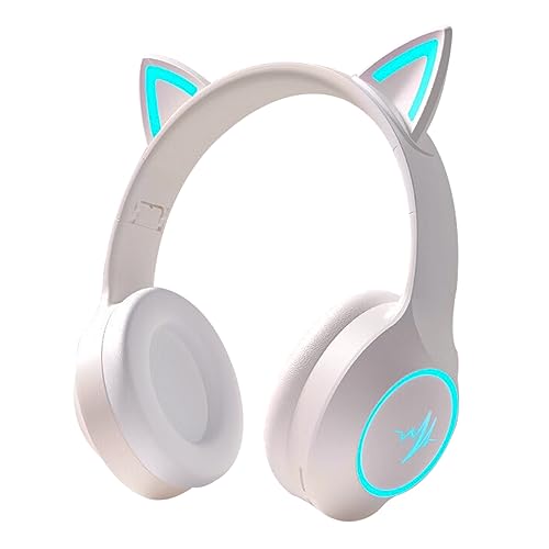 Bluetooth Kopfhörer Kinder, Kopfhörer Katzenohren mit RGB Leuchten, Bluetooth 5.3, Kabellos/Verkabelt Kopfhörer mit Mikrofon, 10H Spielzeit, Kinderkopfhörer Over-Ear mit 3,5 mm Audiokabel (Weiß) von fesoklaf