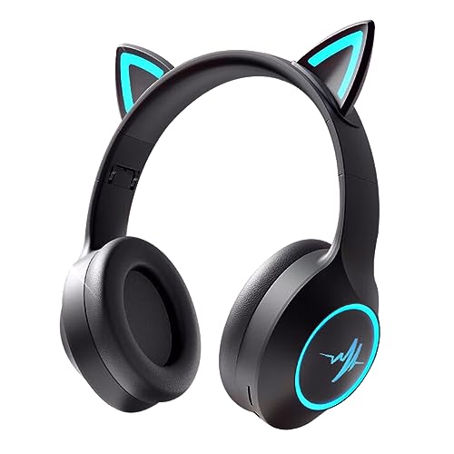 Bluetooth Kopfhörer Kinder, Kopfhörer Katzenohren mit RGB Leuchten, Bluetooth 5.3, Kabellos/Verkabelt Kopfhörer mit Mikrofon, 10H Spielzeit, Kinderkopfhörer Over-Ear mit 3,5 mm Audiokabel (Schwarz) von fesoklaf