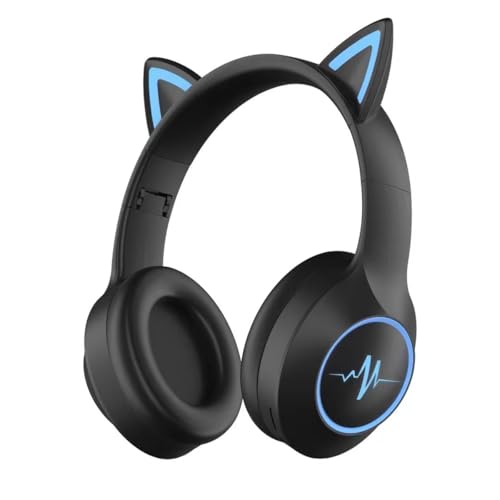 Bluetooth Kopfhörer Kinder, Kopfhörer Katzenohren mit RGB Leuchten, Bluetooth 5.3, Kabellos/Verkabelt Kopfhörer mit Mikrofon, 10H Spielzeit, Kinderkopfhörer Over-Ear mit 3,5 mm Audiokabel (Schwarz) von fesoklaf