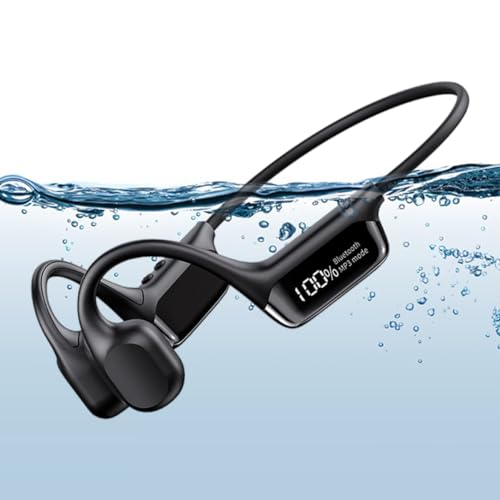 Bone Conduction Kopfhörer, IP68 Wasserdicht Schwimmen Kopfhörer mit 32GB/64GB Speicher, Bluetooth 5.4 Open Ear Sport Kopfhörer mit Mikrofon Kabellos für Laufen Schwimmen Radfahren (32GB, Schwarz) von fesoklaf