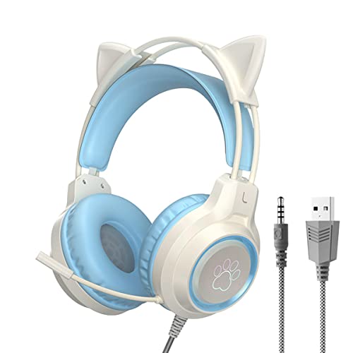 Kinder-Headsets mit abnehmbaren Katzenohren, 3,5 mm kabelgebundene Kopfhörer mit verstellbarem Mikrofon, ausziehbares, gepolstertes Kopfband, Geräuschunterdrückung und RGB-Licht-Kopfhörer(blau) von fesoklaf