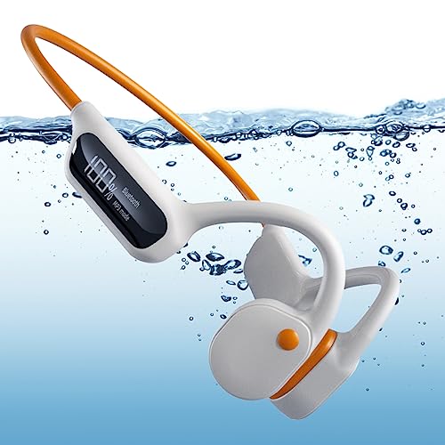 Knochenschall Kopfhörer, 32GB Speicher, Schwimmen kopfhörer IPX8 Wasserdicht, MP3 Sport kopfhörer, Kabellos Kopfhörer Bluetooth 5.3, Knochenschall Kopfhörer zum Schwimmen Laufen(Orange + Weiß) von fesoklaf